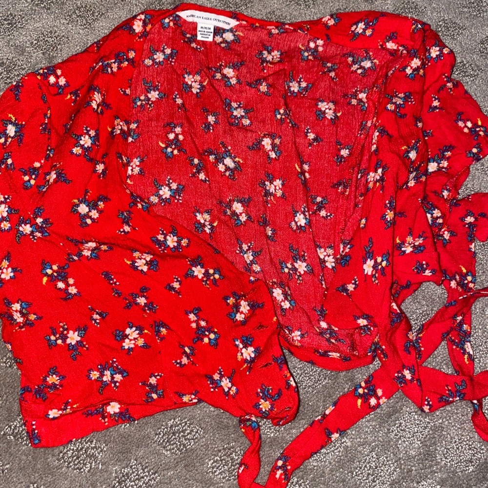 Red floral tie up shirt